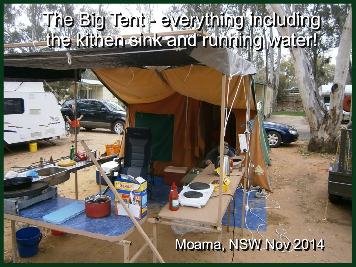 Wattie relaxing in the Big Tent complete with benches and awning.