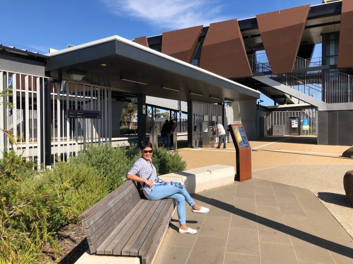 Mallie waiting for the train at the new Rockbank Railway Station.