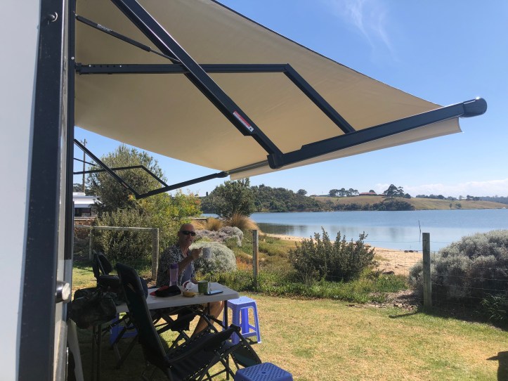 Jack enjoying a coffee after lunch at the Lakes Entrance Recreation Reserve Campground.