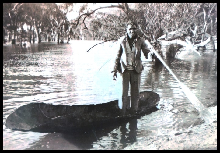 First Nations Man in old bark canoe, Hay, New South Wales